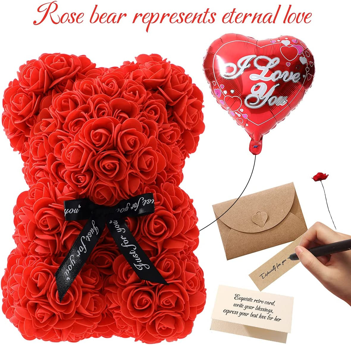 Gifts for Valentines Day- Rose Flower Bear - Rose Bear,Pure Handmade Rose Teddy Bear,Gift for Mothers Day,Valentines Day, Anniversary and Bridal Showers,W/Clear Gift Box and Greeting Card (Red)