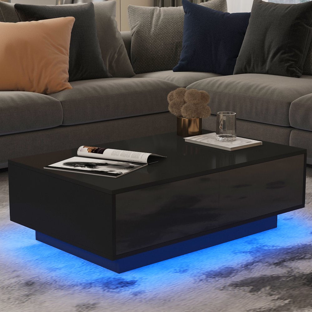 Hommpa Coffee Table with 4 Drawers LED Center Table Sofa Side Tea Tables Black High Gloss Finish