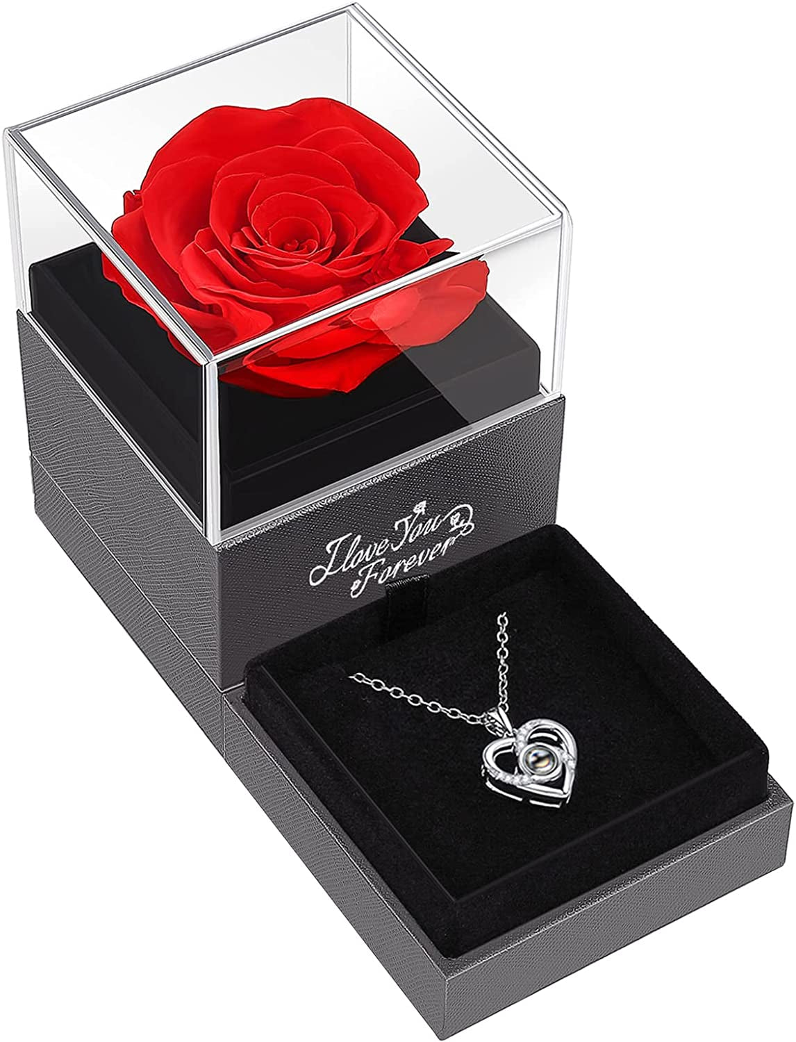 Preserved Real Red Rose with I Love You Necklace -Eternal Flowers Rose Gifts for Valentine’s Day, mothers day, birthday , or just because