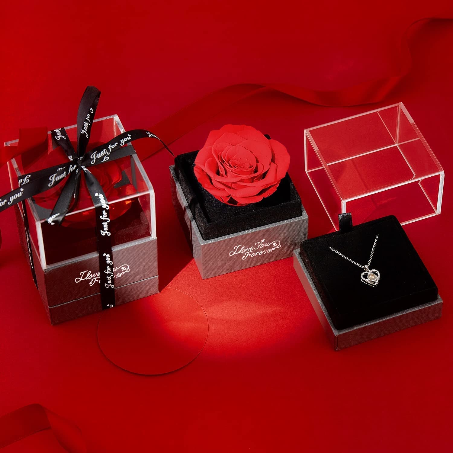 Preserved Real Red Rose with I Love You Necklace -Eternal Flowers Rose Gifts for Valentine’s Day, mothers day, birthday , or just because