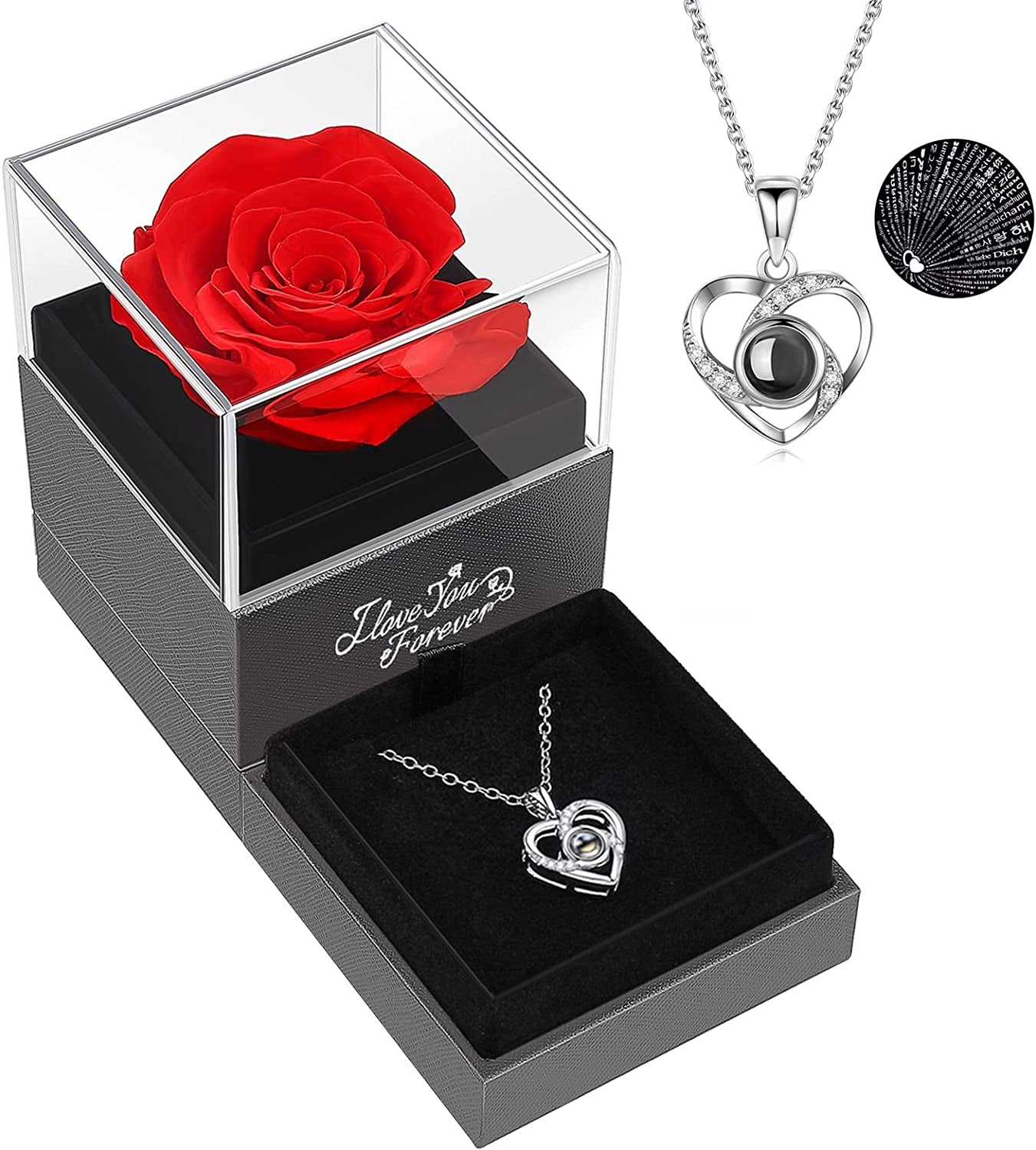 Preserved Real Red Rose with I Love You Necklace -Eternal Flowers Rose Gifts for Valentine’s Day, mothers day, birthday , or just because